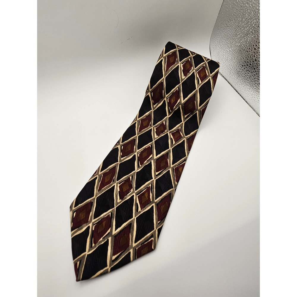 Robert Talbott Studio Mens Silk Tie Black Burgundy Geometric Diamond Hand Sewn